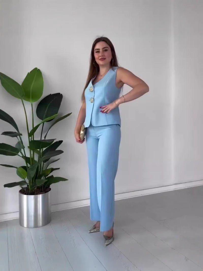 Elegant solid color V - neck sleeveless vest high waist wide leg pants suit - Negative Apparel