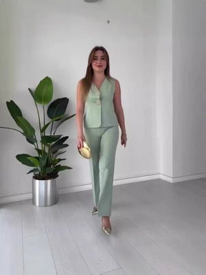 Elegant solid color V - neck sleeveless vest high waist wide leg pants suit - Negative Apparel