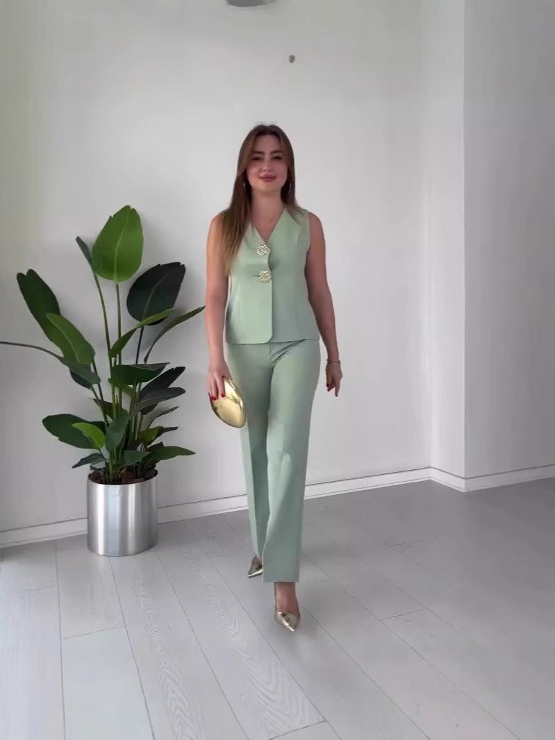 Elegant solid color V - neck sleeveless vest high waist wide leg pants suit - Negative Apparel