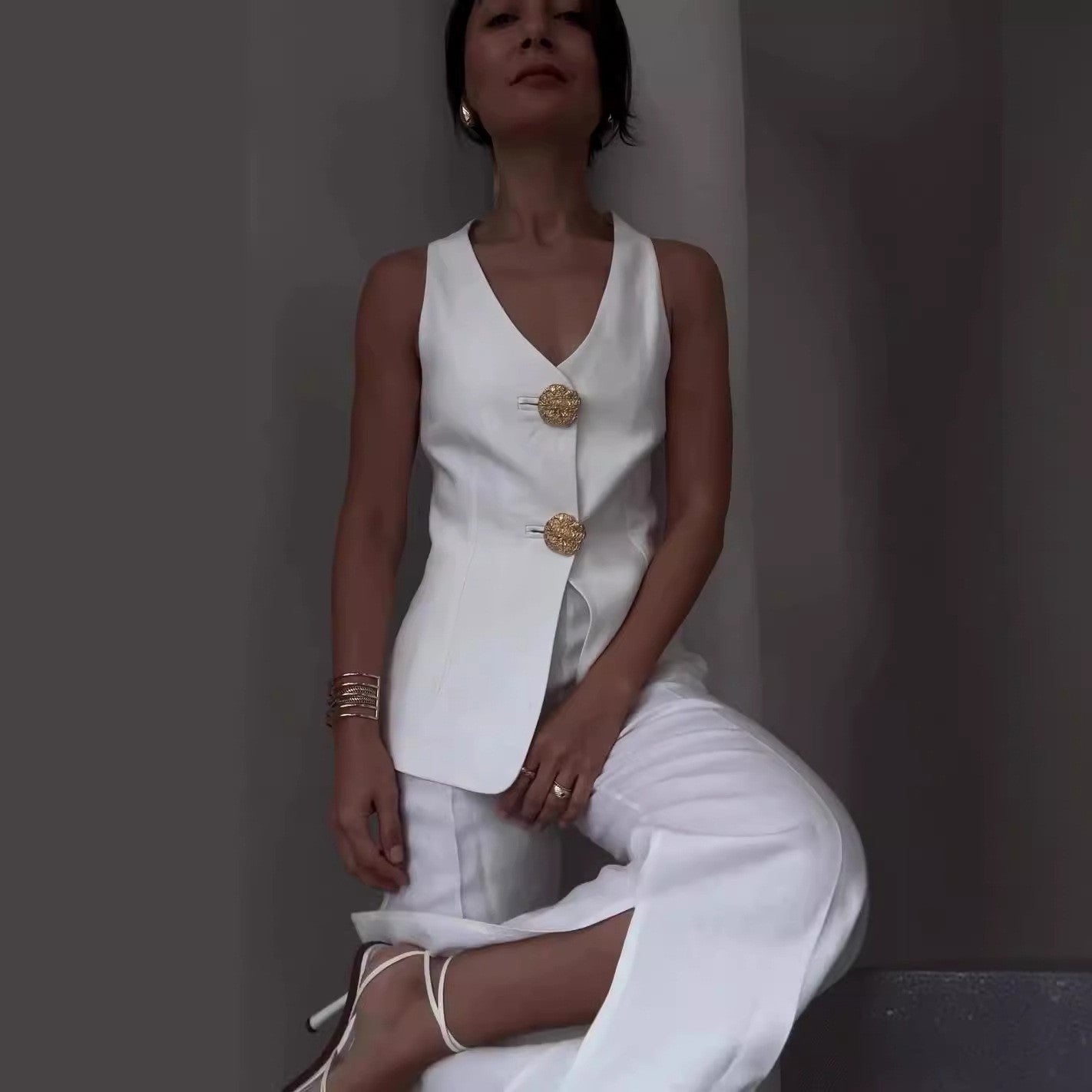 Elegant solid color V - neck sleeveless vest high waist wide leg pants suit - Negative Apparel