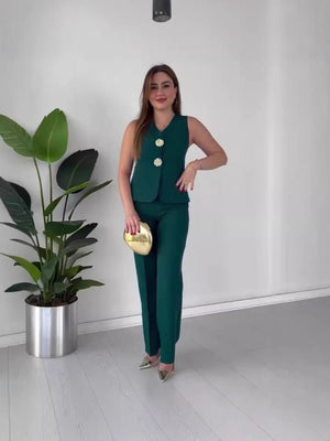 Elegant solid color V - neck sleeveless vest high waist wide leg pants suit - Negative Apparel