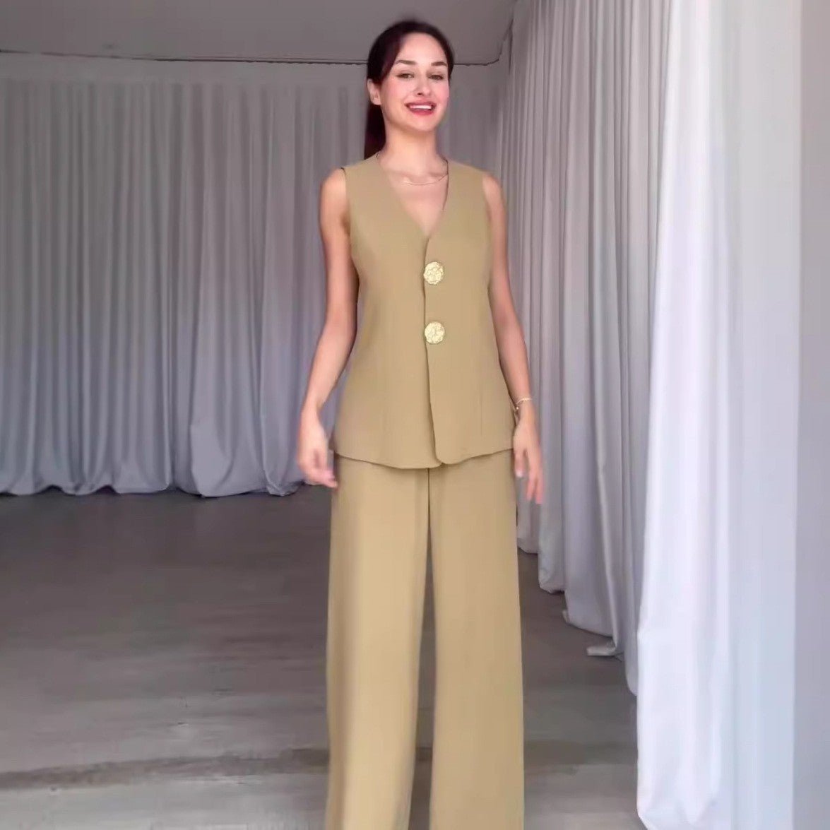 Elegant solid color V - neck sleeveless vest high waist wide leg pants suit - Negative Apparel