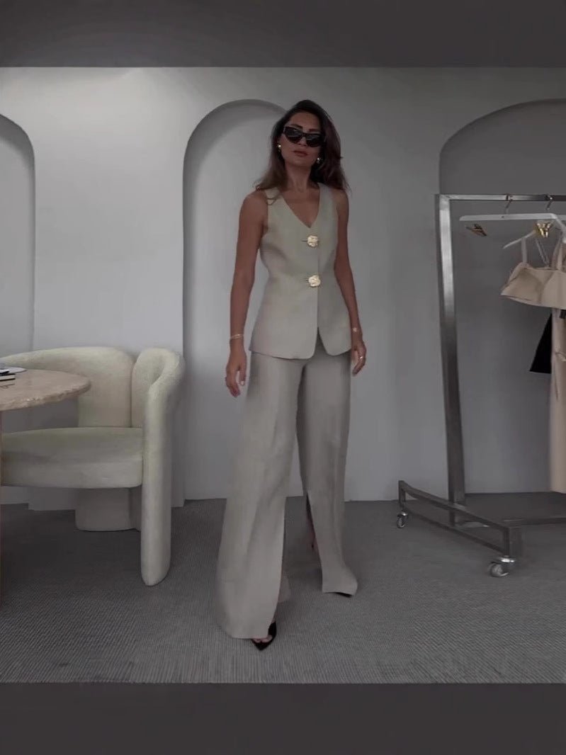 Elegant solid color V - neck sleeveless vest high waist wide leg pants suit - Negative Apparel