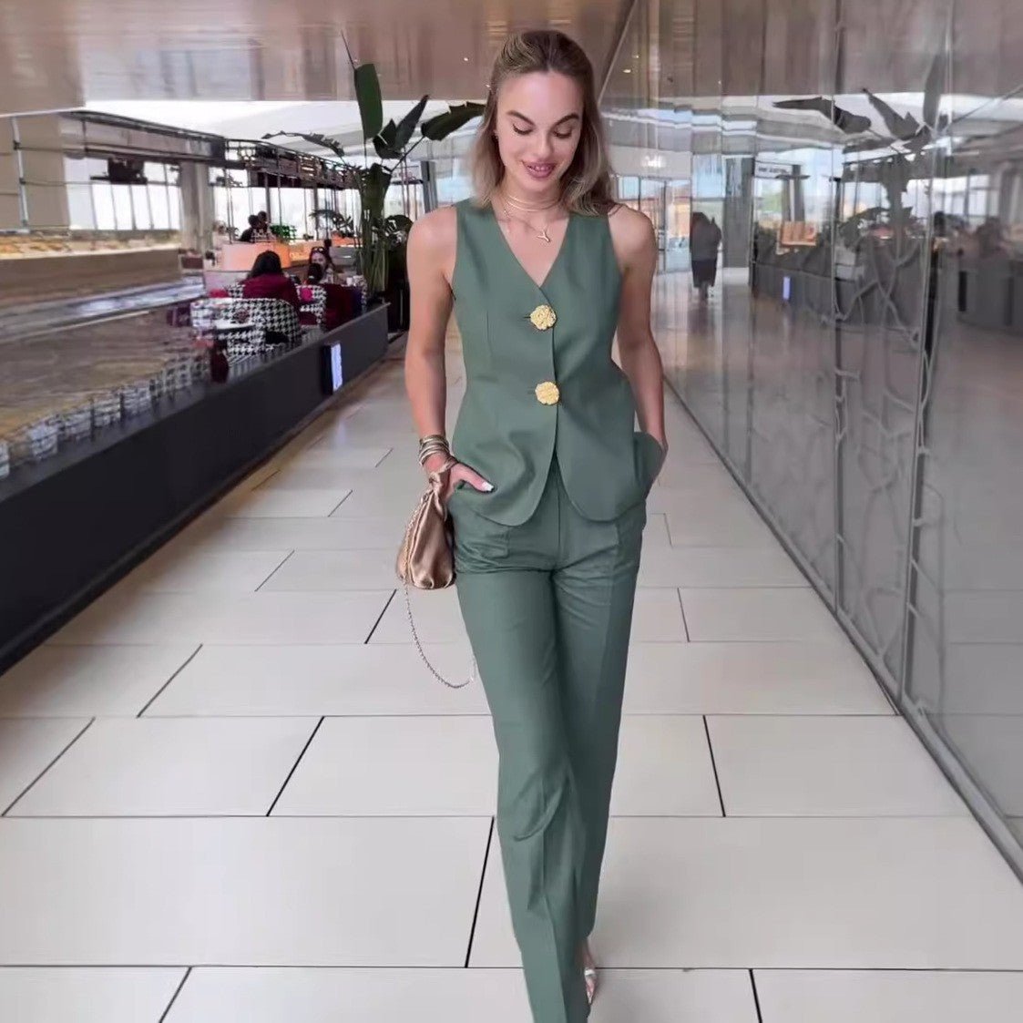 Elegant solid color V - neck sleeveless vest high waist wide leg pants suit - Negative Apparel