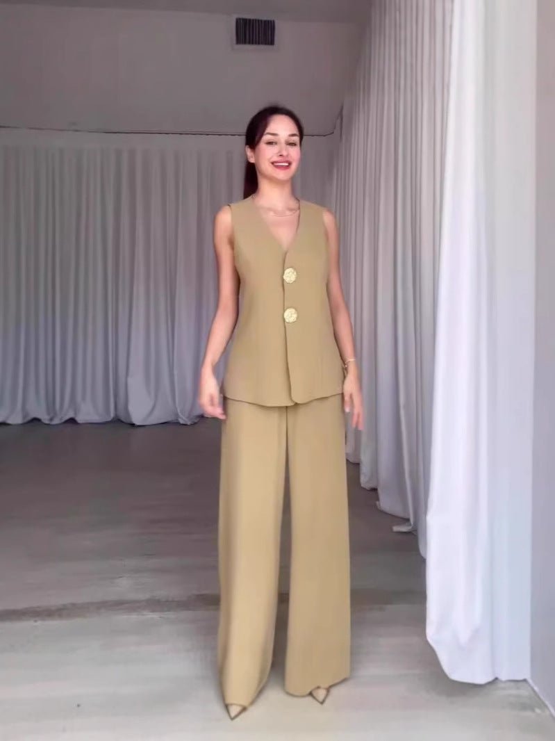 Elegant solid color V - neck sleeveless vest high waist wide leg pants suit - Negative Apparel