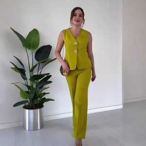 Elegant solid color V - neck sleeveless vest high waist wide leg pants suit - Negative Apparel