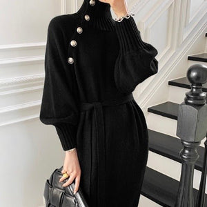 Elegant Winter Knit Dress – High Collar Pullover Sweater for Women - Negative Apparel