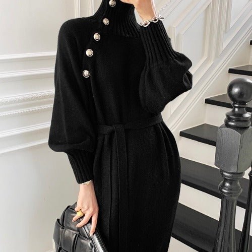 Elegant Winter Knit Dress – High Collar Pullover Sweater for Women - Negative Apparel