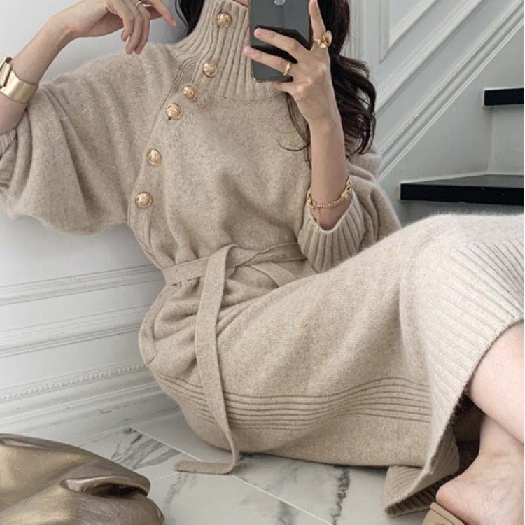 Elegant Winter Knit Dress – High Collar Pullover Sweater for Women - Negative Apparel
