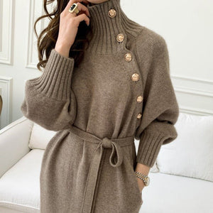 Elegant Winter Knit Dress – High Collar Pullover Sweater for Women - Negative Apparel