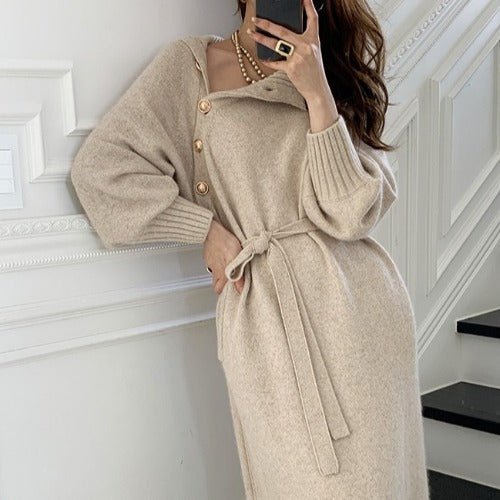 Elegant Winter Knit Dress – High Collar Pullover Sweater for Women - Negative Apparel