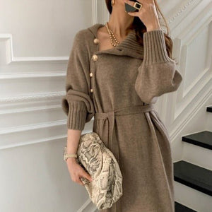 Elegant Winter Knit Dress – High Collar Pullover Sweater for Women - Negative Apparel