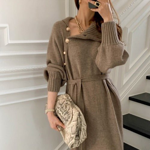 Elegant Winter Knit Dress – High Collar Pullover Sweater for Women - Negative Apparel