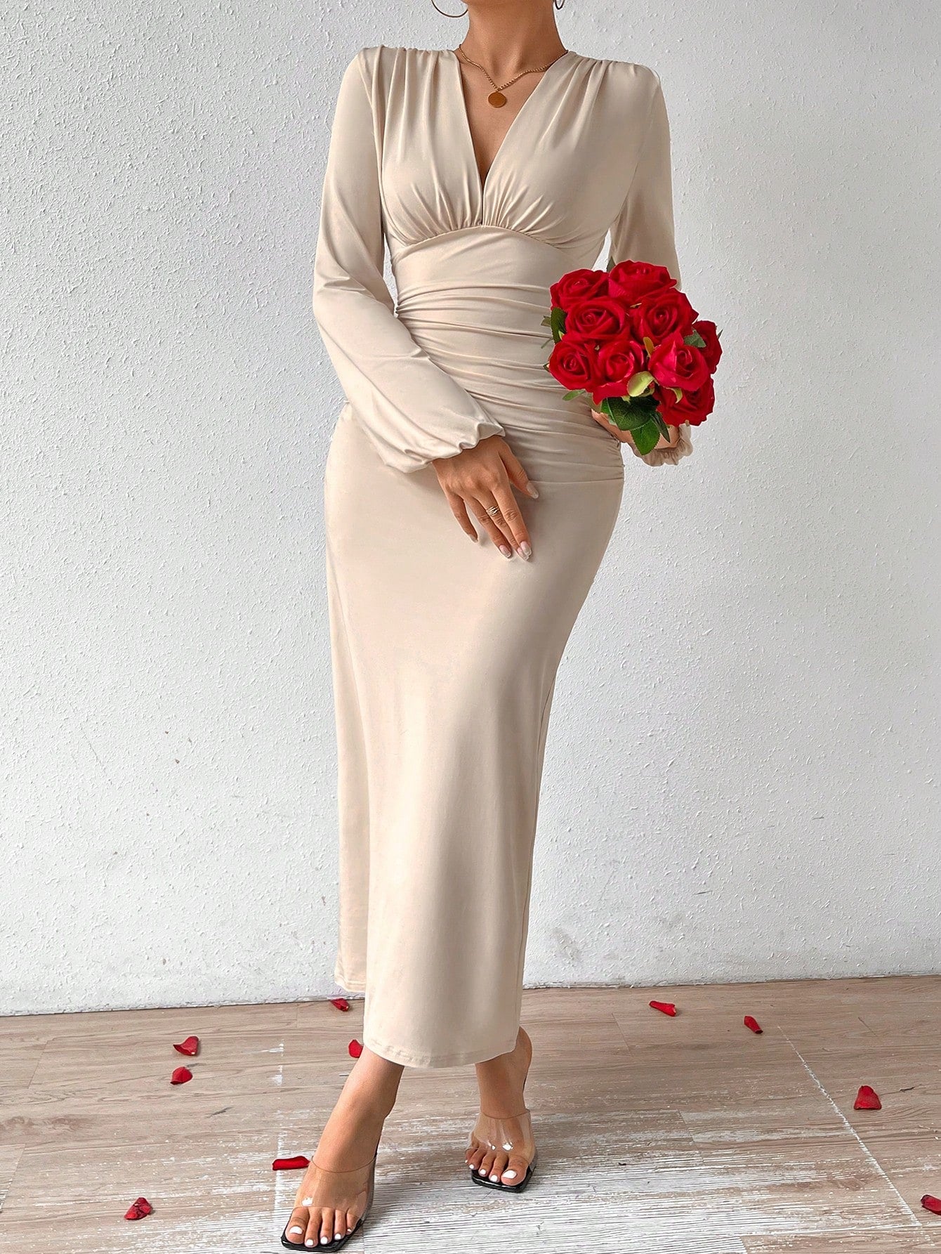 Elegant Women Party V - Neck Leopard Print Ruched Puff Sleeve Dress - Negative Apparel