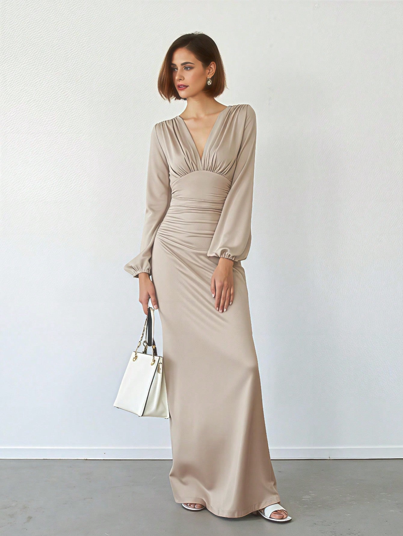 Elegant Women Party V - Neck Leopard Print Ruched Puff Sleeve Dress - Negative Apparel