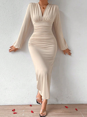 Elegant Women Party V - Neck Leopard Print Ruched Puff Sleeve Dress - Negative Apparel