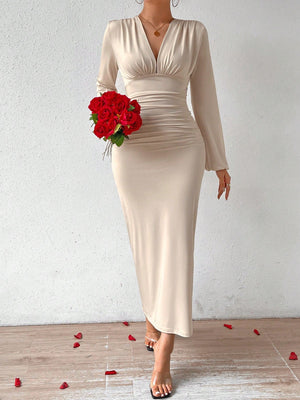 Elegant Women Party V - Neck Leopard Print Ruched Puff Sleeve Dress - Negative Apparel