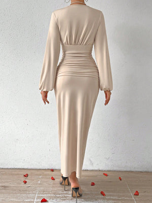 Elegant Women Party V - Neck Leopard Print Ruched Puff Sleeve Dress - Negative Apparel