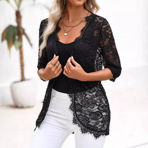 Elegant women's cardigan placket splicing fashion lace lace jacket top - Negative Apparel