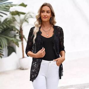Elegant women's cardigan placket splicing fashion lace lace jacket top - Negative Apparel