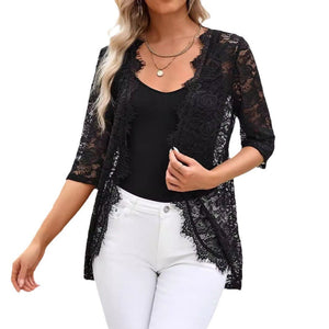 Elegant women's cardigan placket splicing fashion lace lace jacket top - Negative Apparel