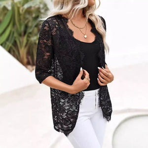 Elegant women's cardigan placket splicing fashion lace lace jacket top - Negative Apparel