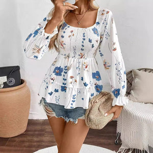 Elegant women's flower printing corset long - sleeved T-shirt top women - Negative Apparel