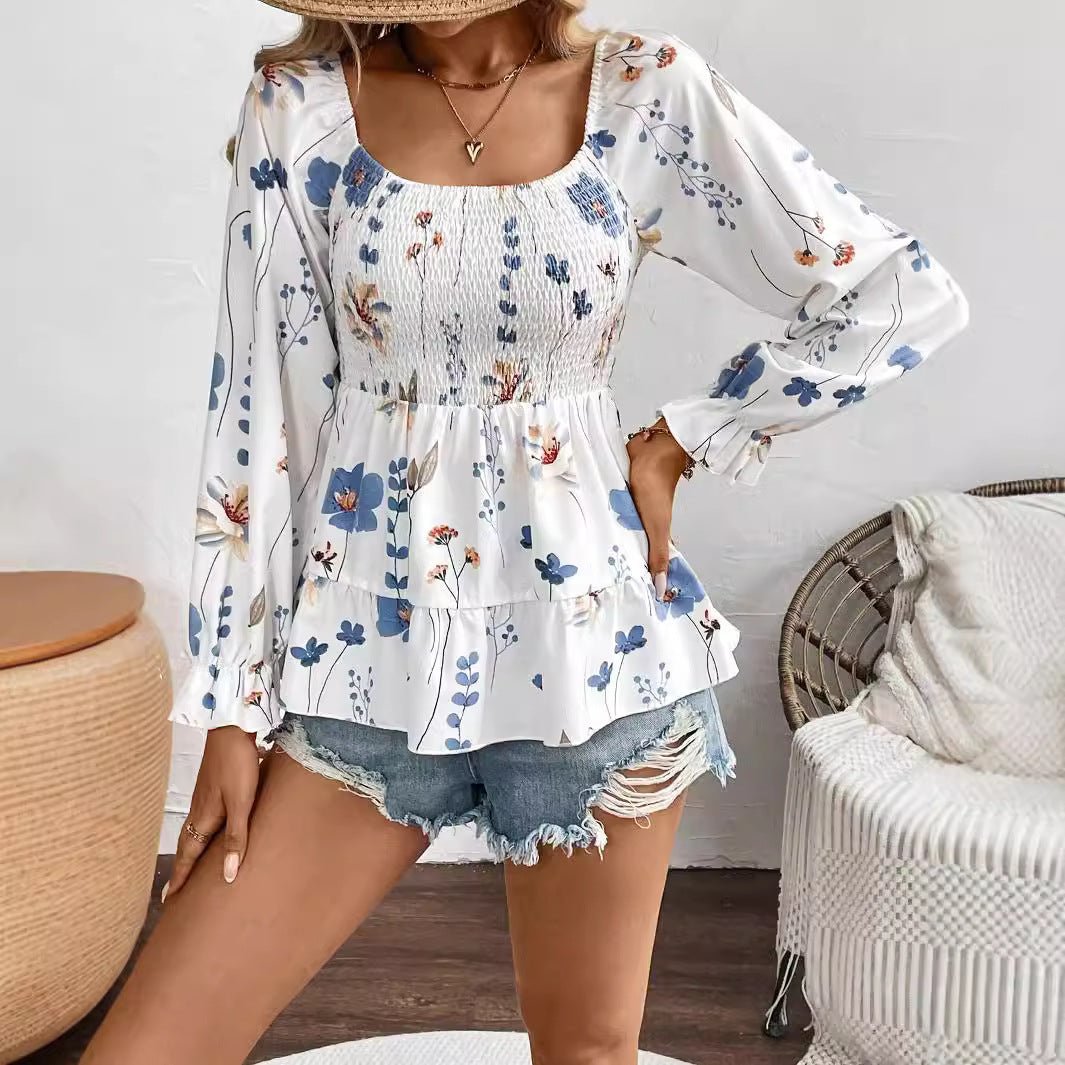 Elegant women's flower printing corset long - sleeved T-shirt top women - Negative Apparel