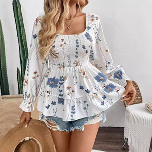 Elegant women's flower printing corset long - sleeved T-shirt top women - Negative Apparel