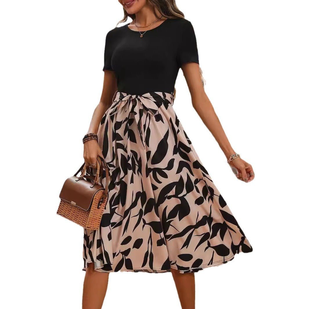 Elegant women's print splicing short - sleeved dress - Negative Apparel