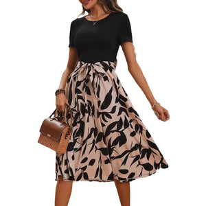 Elegant women's print splicing short - sleeved dress - Negative Apparel