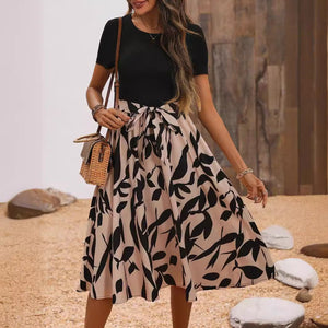 Elegant women's print splicing short - sleeved dress - Negative Apparel