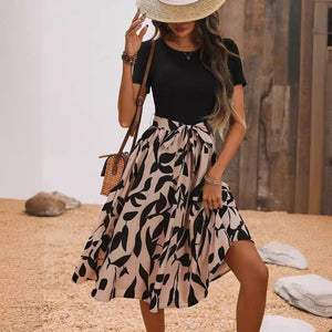 Elegant women's print splicing short - sleeved dress - Negative Apparel