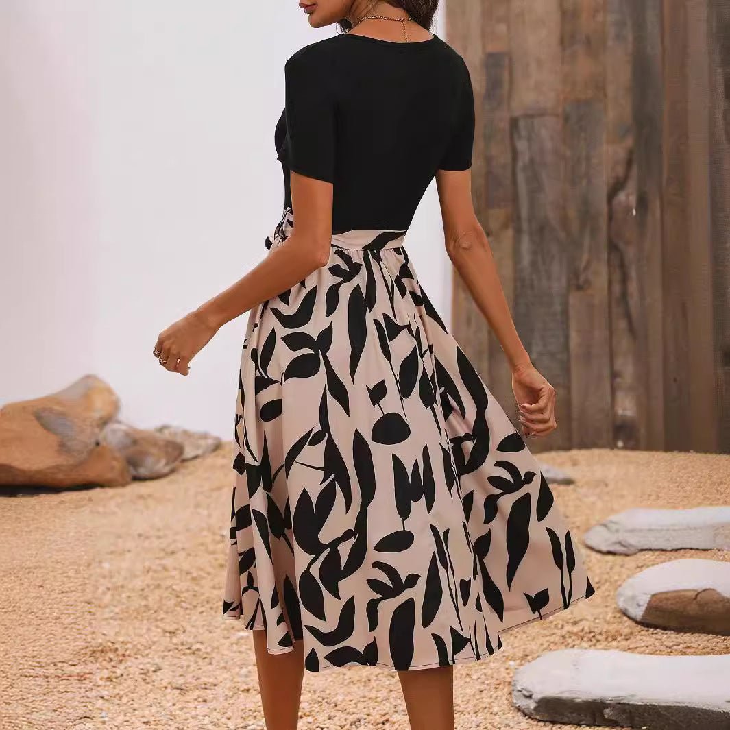 Elegant women's print splicing short - sleeved dress - Negative Apparel