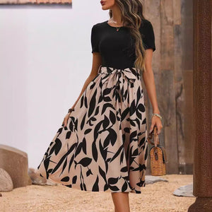 Elegant women's print splicing short - sleeved dress - Negative Apparel