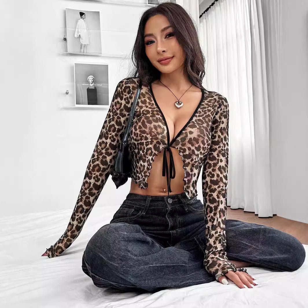 Elegant women's transparent mesh leopard print front lace - up long - sleeved top - Negative Apparel