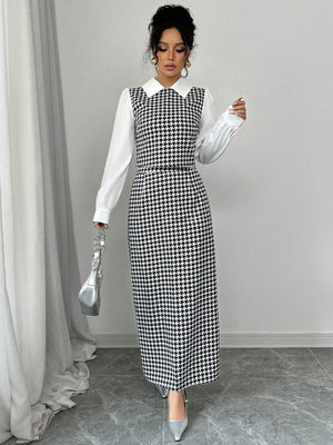 Elenzga 2pcs Set Houndstooth Color Block Shirt Collar - Negative Apparel