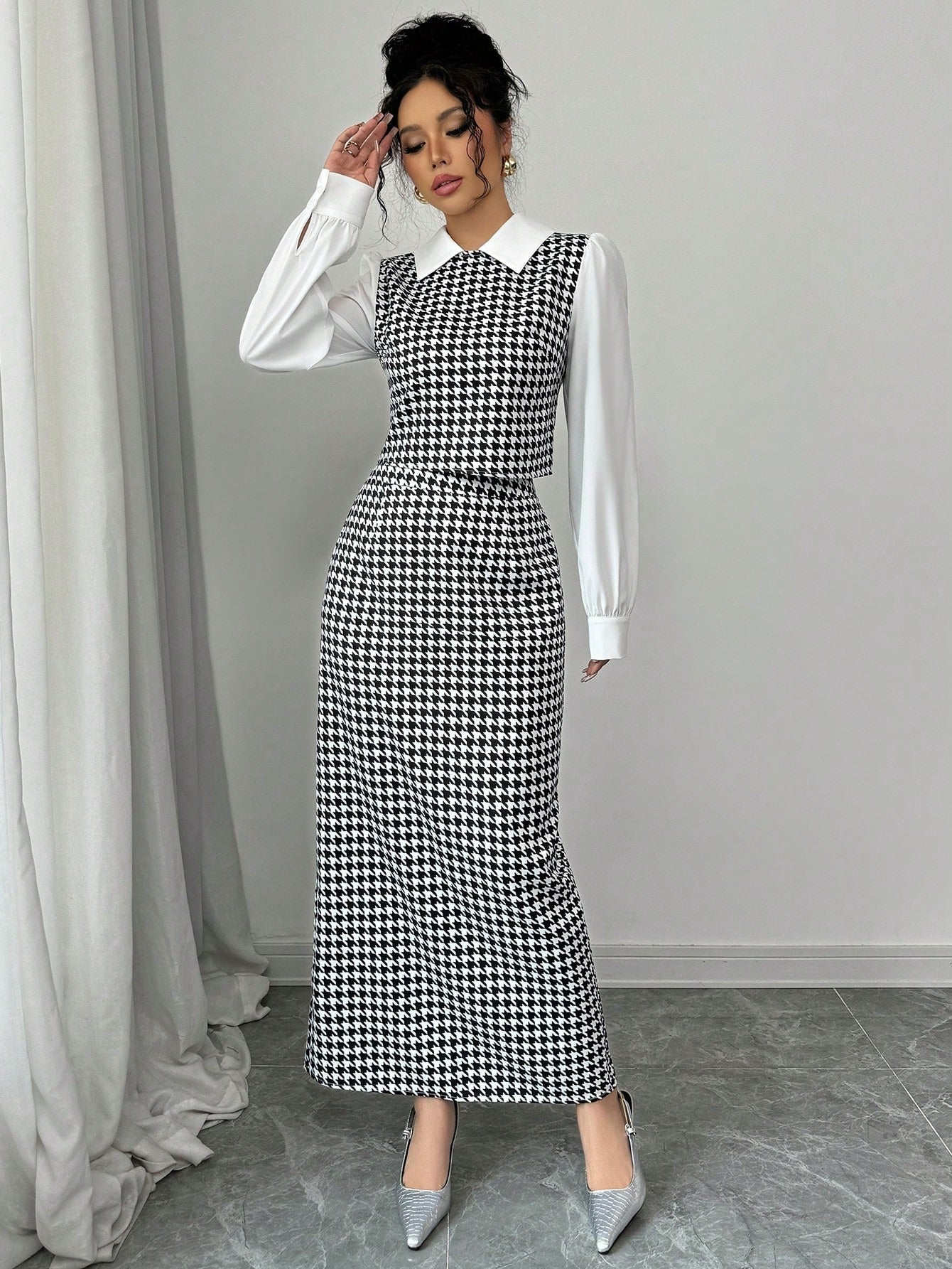 Elenzga 2pcs Set Houndstooth Color Block Shirt Collar - Negative Apparel