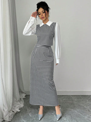 Elenzga 2pcs Set Houndstooth Color Block Shirt Collar - Negative Apparel