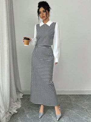 Elenzga 2pcs Set Houndstooth Color Block Shirt Collar - Negative Apparel