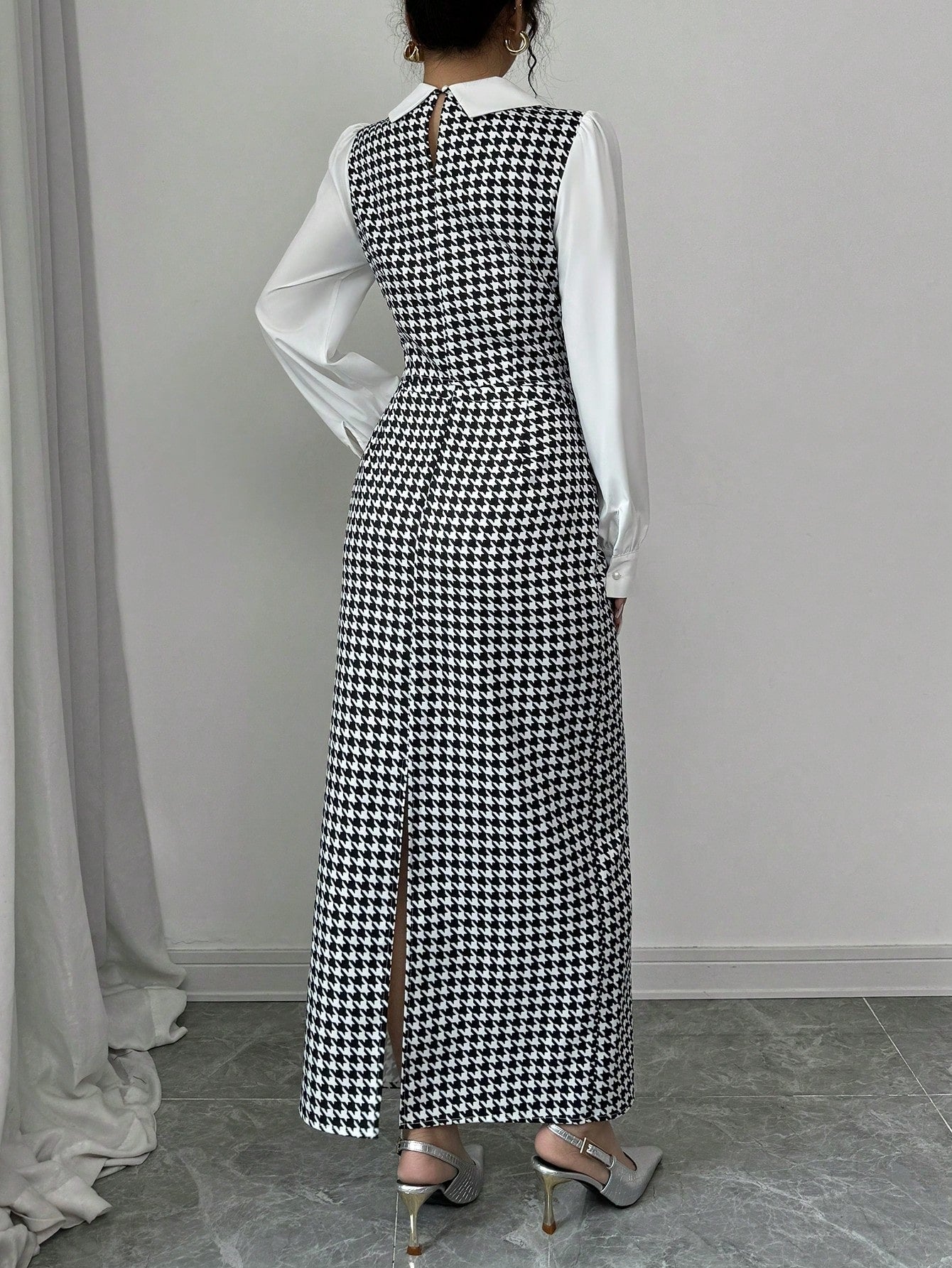 Elenzga 2pcs Set Houndstooth Color Block Shirt Collar - Negative Apparel