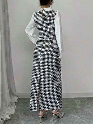 Elenzga 2pcs Set Houndstooth Color Block Shirt Collar - Negative Apparel