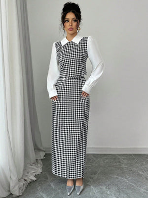 Elenzga 2pcs Set Houndstooth Color Block Shirt Collar - Negative Apparel