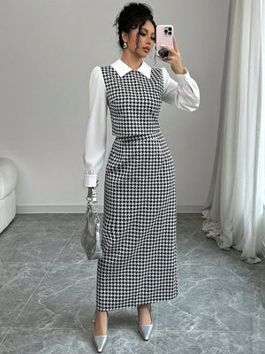 Elenzga 2pcs Set Houndstooth Color Block Shirt Collar - Negative Apparel