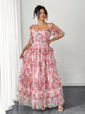 Elenzga Plus Size Women Elegant Romantic Floral Print Mesh Inlay Knitted New Dress, Sundress, Tea Party Outfit, Easter Dress, Spring Break, Cocktail Party Women Dresses Birthday Women Birthday Outfit Women Casual Dress Women S Clothes Women Summer Clothin