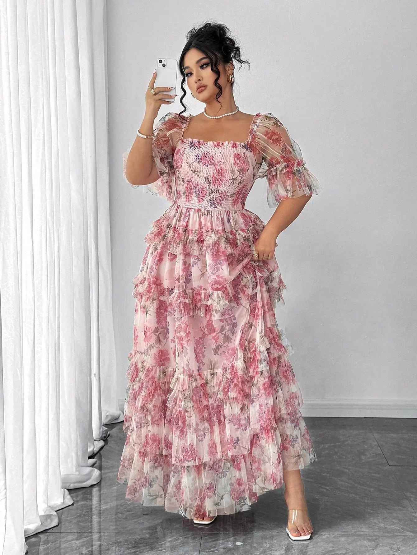 Elenzga Plus Size Women Elegant Romantic Floral Print Mesh Inlay Knitted New Dress, Sundress, Tea Party Outfit, Easter Dress, Spring Break, Cocktail Party Women Dresses Birthday Women Birthday Outfit Women Casual Dress Women S Clothes Women Summer Clothin