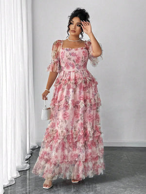 Elenzga Plus Size Women Elegant Romantic Floral Print Mesh Inlay Knitted New Dress, Sundress, Tea Party Outfit, Easter Dress, Spring Break, Cocktail Party Women Dresses Birthday Women Birthday Outfit Women Casual Dress Women S Clothes Women Summer Clothin