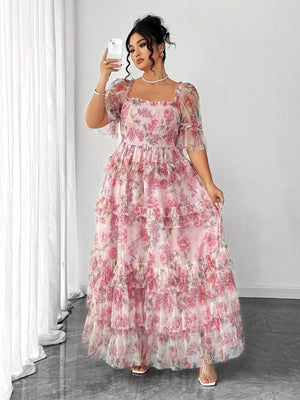 Elenzga Plus Size Women Elegant Romantic Floral Print Mesh Inlay Knitted New Dress, Sundress, Tea Party Outfit, Easter Dress, Spring Break, Cocktail Party Women Dresses Birthday Women Birthday Outfit Women Casual Dress Women S Clothes Women Summer Clothin - Negative Apparel