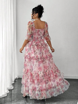 Elenzga Plus Size Women Elegant Romantic Floral Print Mesh Inlay Knitted New Dress, Sundress, Tea Party Outfit, Easter Dress, Spring Break, Cocktail Party Women Dresses Birthday Women Birthday Outfit Women Casual Dress Women S Clothes Women Summer Clothin