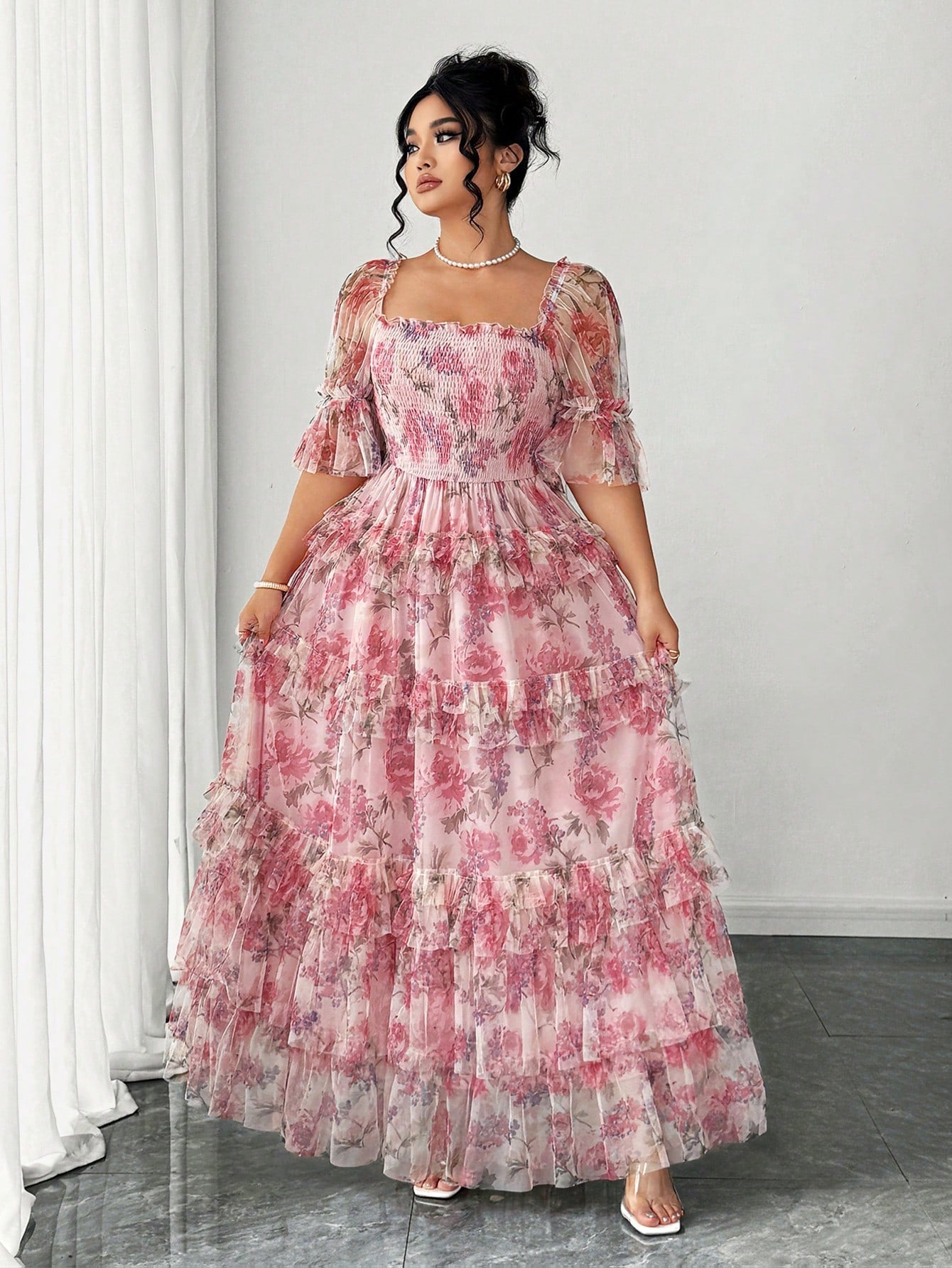 Elenzga Plus Size Women Elegant Romantic Floral Print Mesh Inlay Knitted New Dress, Sundress, Tea Party Outfit, Easter Dress, Spring Break, Cocktail Party Women Dresses Birthday Women Birthday Outfit Women Casual Dress Women S Clothes Women Summer Clothin - Negative Apparel